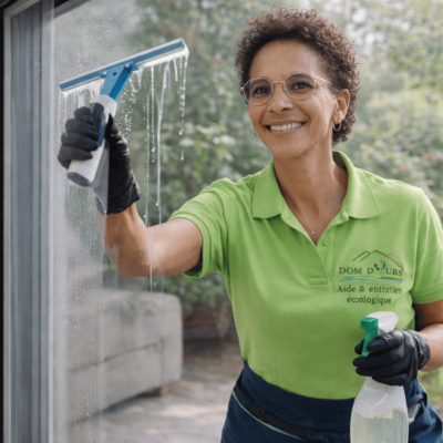 Professionnelle DOMICILE DOUBS en train de nettoyer une baie vitrée